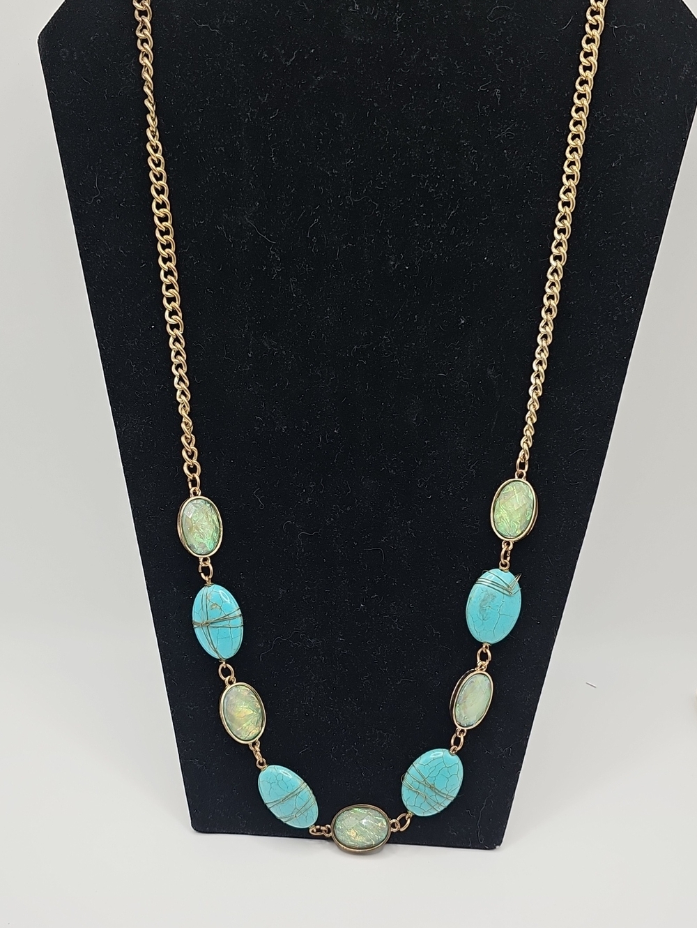 Gold-Tone Necklace with Turquoise and Green Stone Accents. Long..